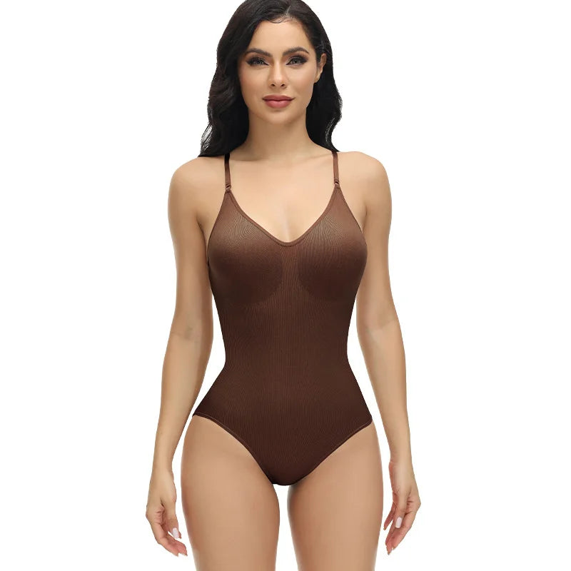 Bodysuit com alças finas e decote em V.