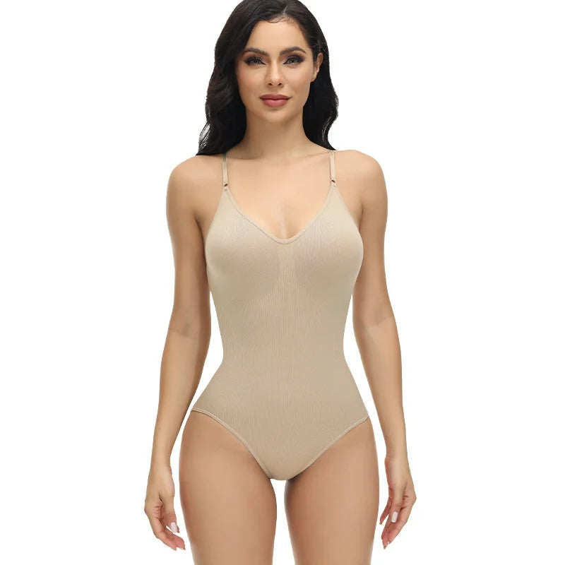 Bodysuit com alças finas e decote em V.